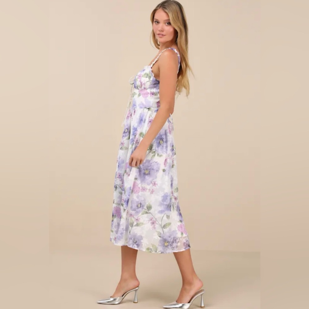 💜LULUS Hillela Ivory Floral Ruffled Lace-Up Midi Skater Dress💜SZ L- NWT - Picture 4 of 16